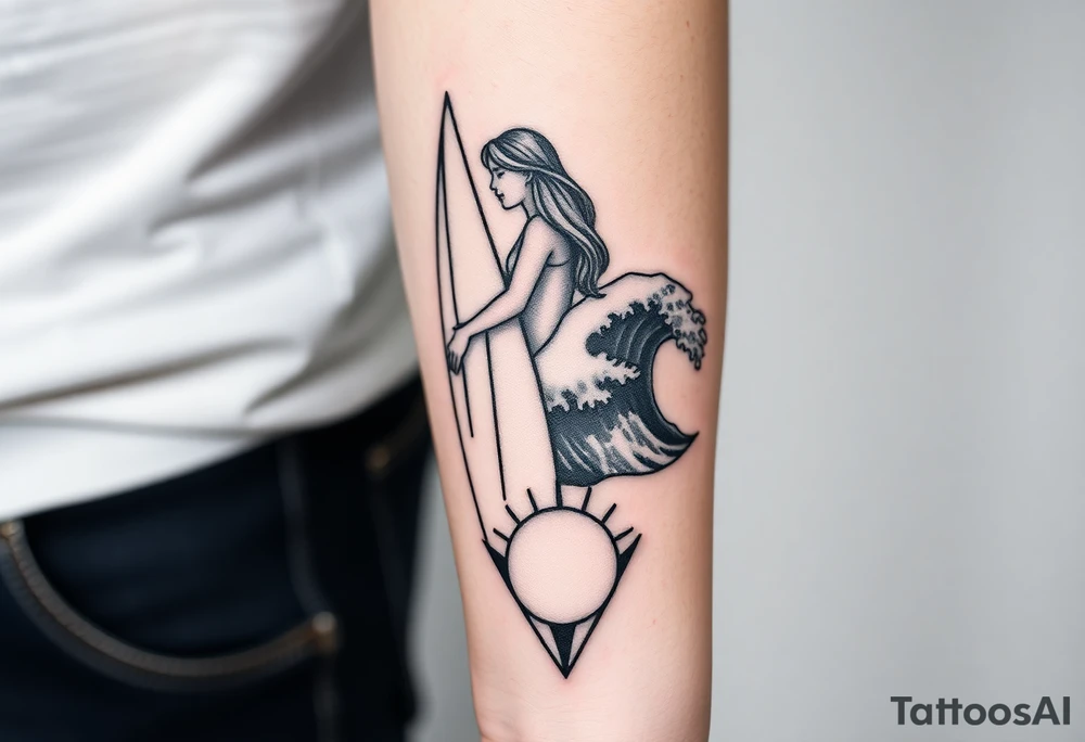 New school geometrical concept tattoo with the girl holding surfboard in a vertical position her face is turned 60 degrees to out side, the bottom part of a body is showed, on the right side of a tattoo is the realistic wave closed in a frame. And the bottom of a taro is a palenesiab sun. Link the objects based on new school geometry tattoos. tattoo idea