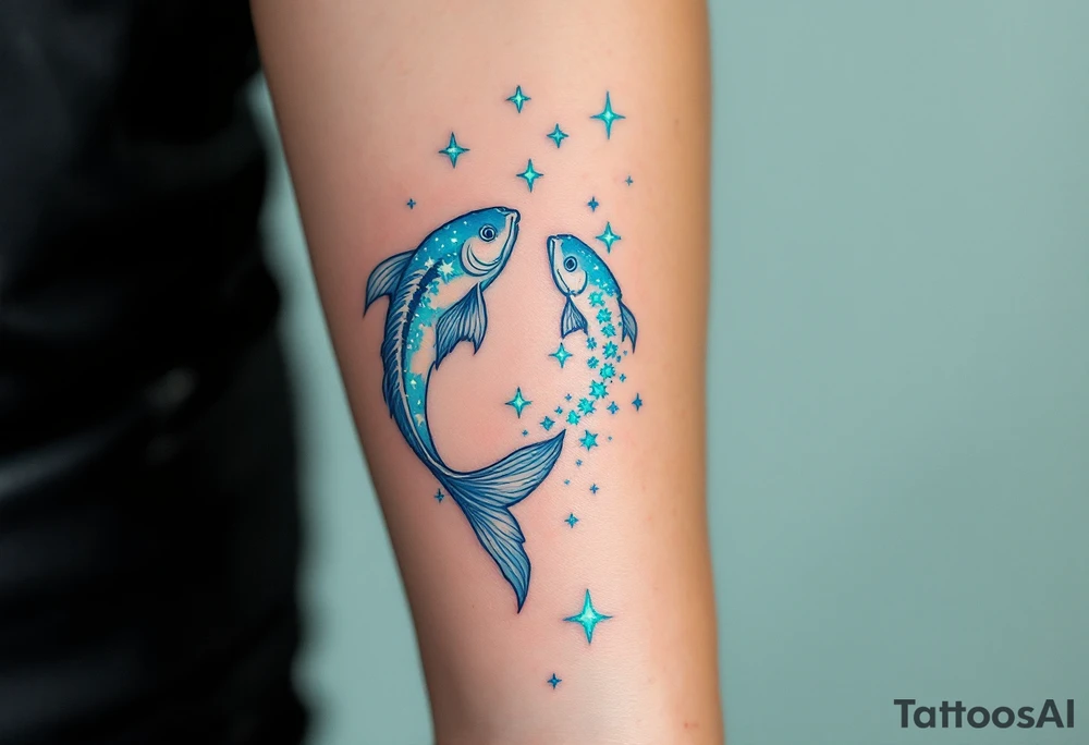 The Pisces constellation is dotted with tiny aquamarine stars that flow like water along the spine. tattoo idea
