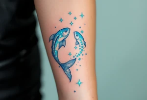 The Pisces constellation is dotted with tiny aquamarine stars that flow like water along the spine. tattoo idea
