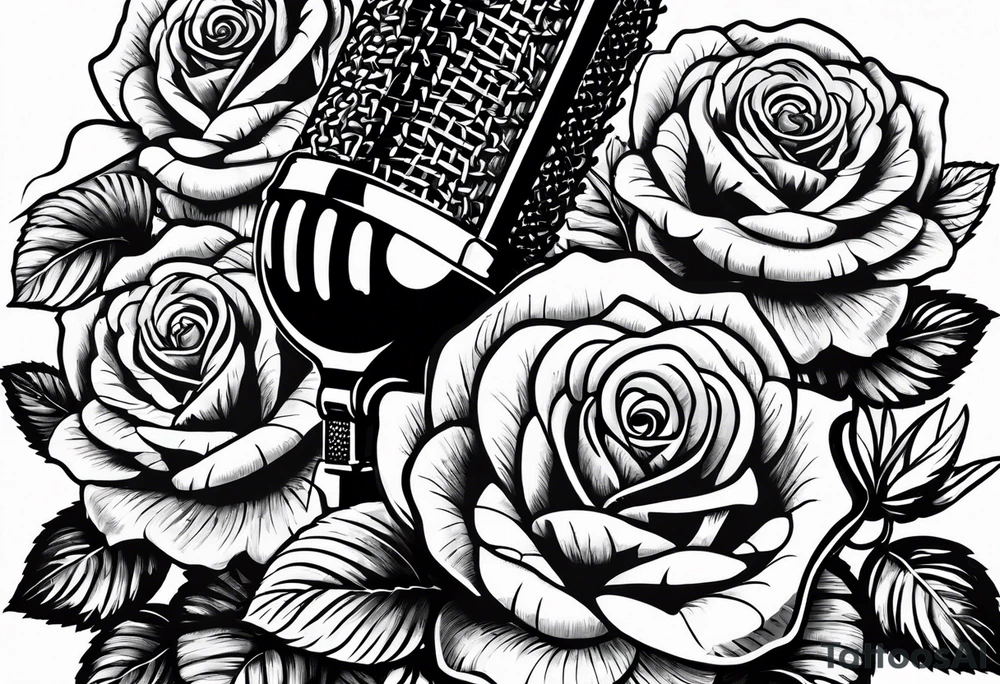Country music microphone, roses and barbed wire in background tattoo idea