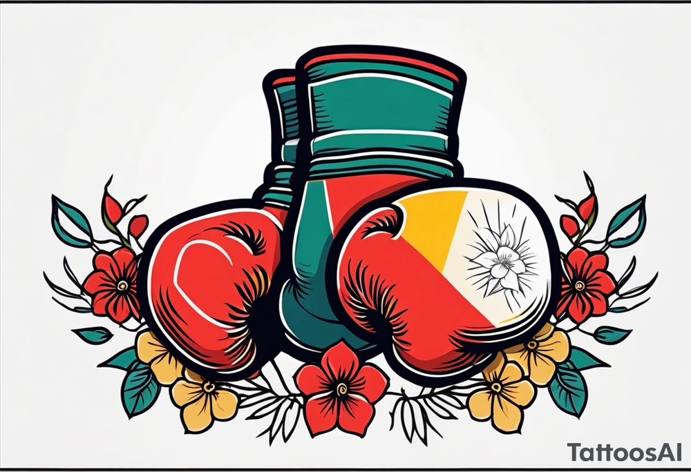 boxing gloves and flowers around the gloves  bold colors traditional old school vintage
banner tattoo idea