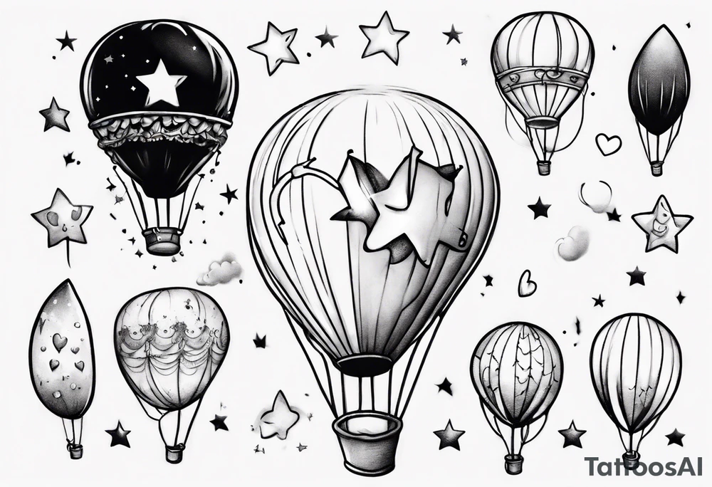 Hot water balloon with star and heart balloons and little girl inside dreaming tattoo idea