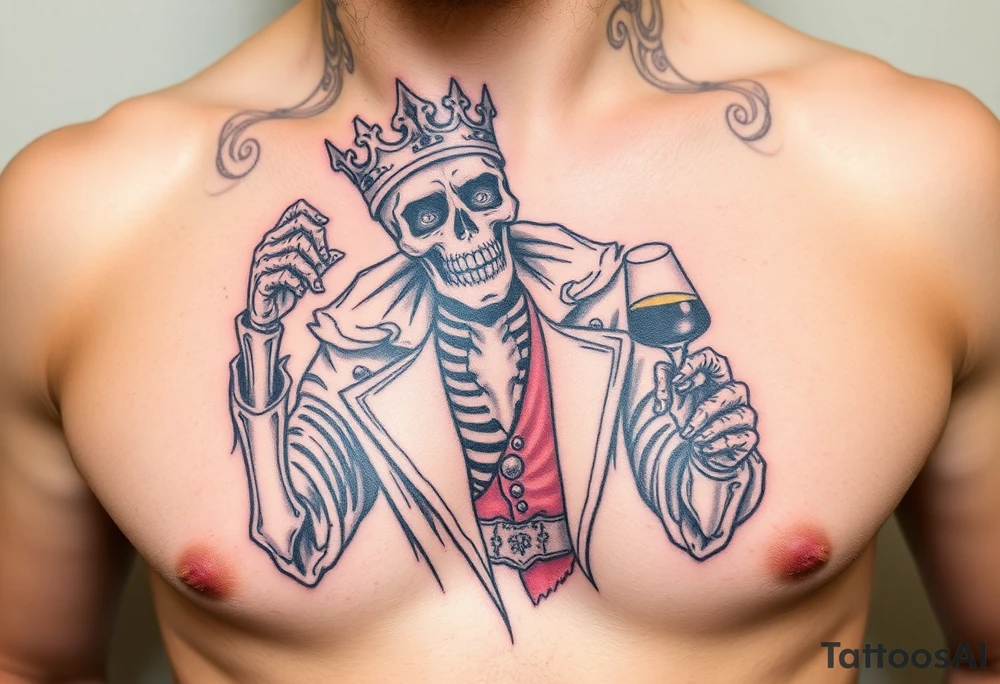 evil skeleton king in clothes having a good time getting drunk tattoo idea