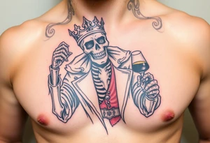 evil skeleton king in clothes having a good time getting drunk tattoo idea