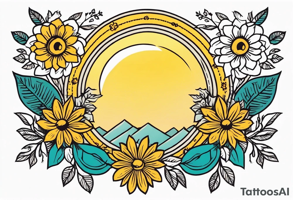 sunshine
old school vintage simple traditional design with vintage flowers surrounding
bold color simple tattoo idea