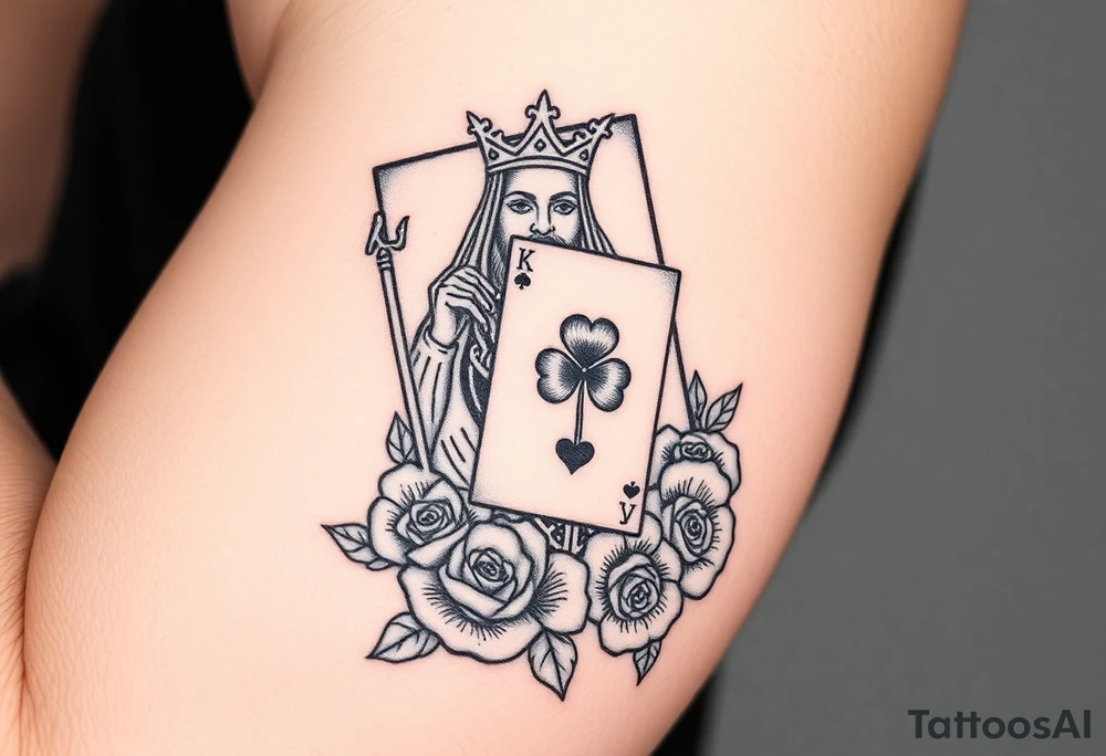 A king playing card with a highland card, a small four leaf clover, a small spanner the card surrounded by roses tattoo idea
