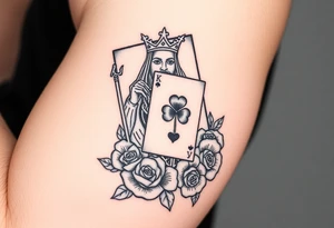 A king playing card with a highland card, a small four leaf clover, a small spanner the card surrounded by roses tattoo idea