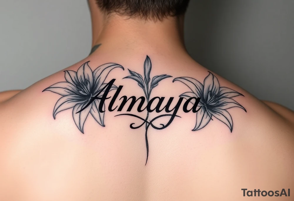 The name Almaya Lily but the lilies will have to surround the name Almaya. tattoo idea