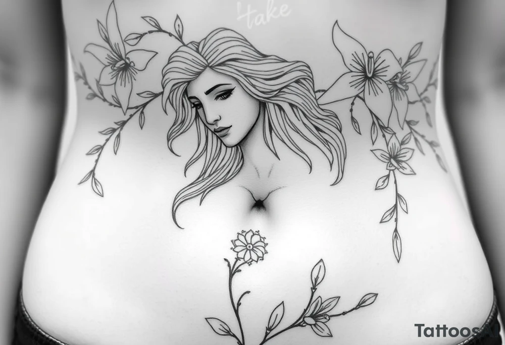 greek goddess and greek themed background with vines and lily’s and other flowers tattoo idea