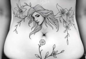 greek goddess and greek themed background with vines and lily’s and other flowers tattoo idea