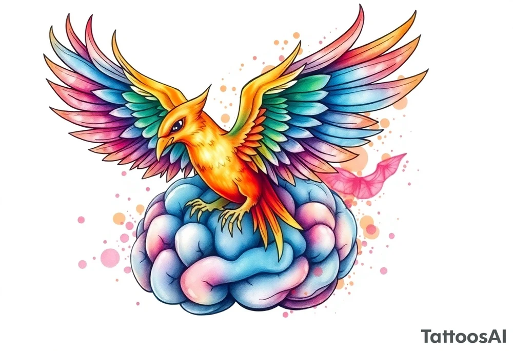 Colorful phoenix flying out of a brain tattoo idea