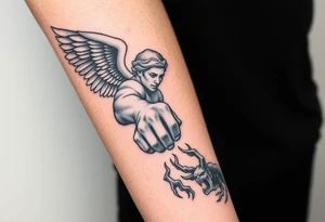Angel grabing for mans hand ass he's being pulled to hell by demons tattoo idea