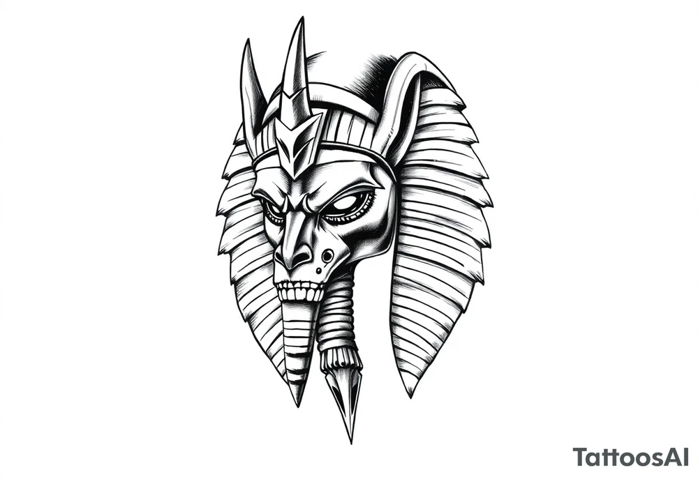powerful majestic square muscle anubis Egyptian god face mix with joker
without eyes with mantle on head tattoo idea