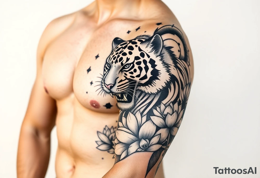 fierce tiger emerging through blooming lotus forrest in mist tattoo idea