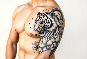 fierce tiger emerging through blooming lotus forrest in mist tattoo idea