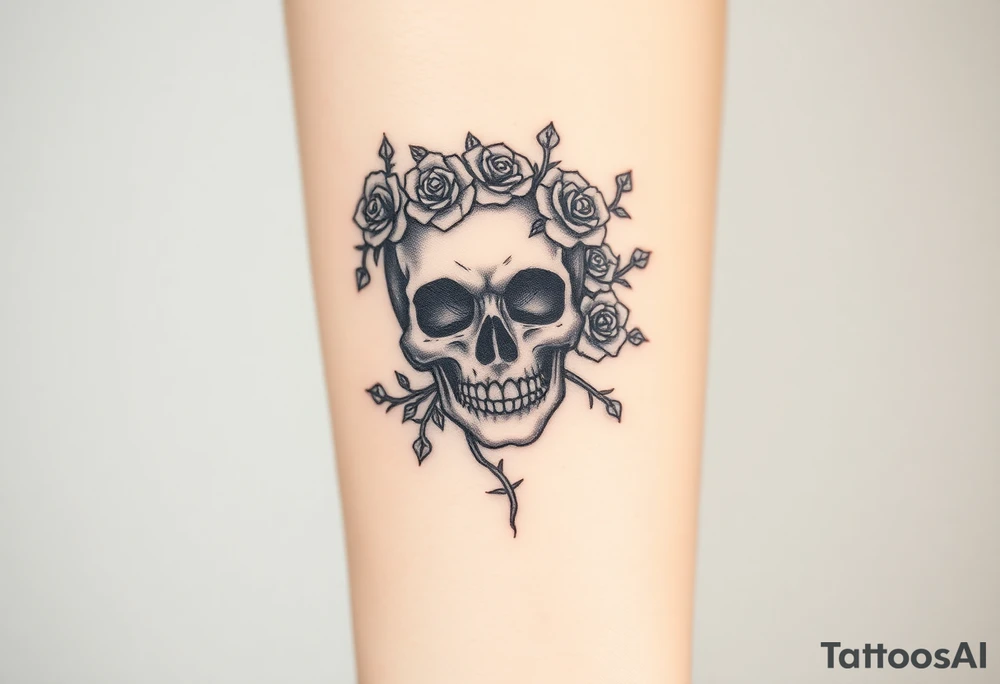 ornate skull adorned with crown of wild roses and thorns tattoo idea