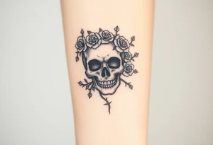 ornate skull adorned with crown of wild roses and thorns tattoo idea