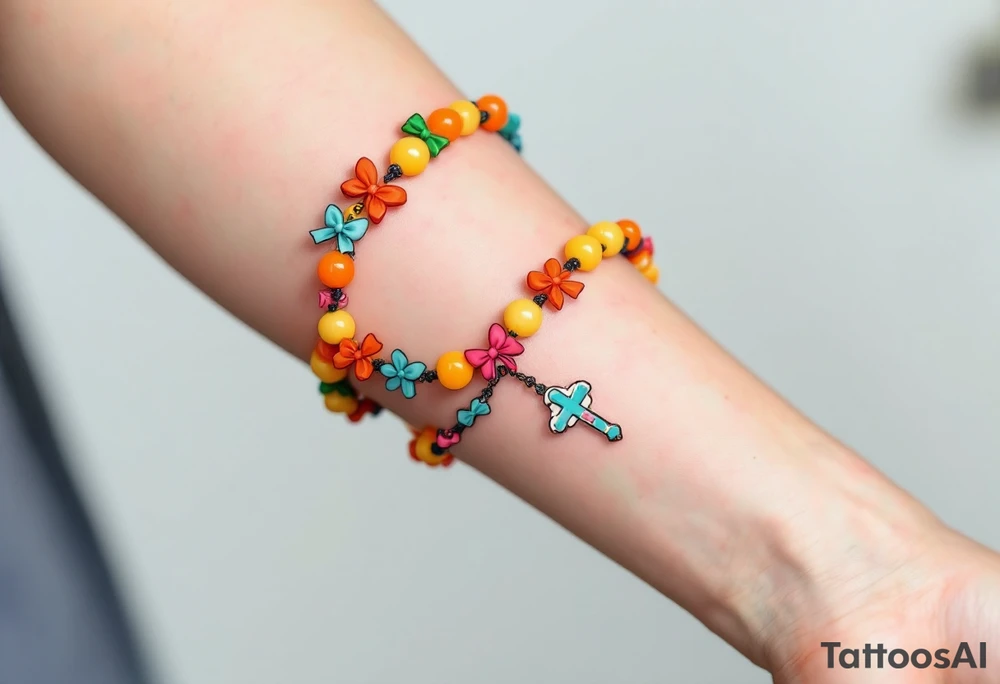 Whimsical comic‑book rosary draped in a gentle spiral around the forearm: oversized beads shaped like shiny gumdrops in sunset orange, lemon yellow, and cotton‑candy pink, connected by a chunky teal ribbon that forms playful bows between each decade; the dangling crucifix is a stylized teal‑and‑white cloud with little wings and a tiny heart at its center. Bold ink outlines and soft gradient shading give the piece a fun Saturday‑morning‑cartoon feel. tattoo idea