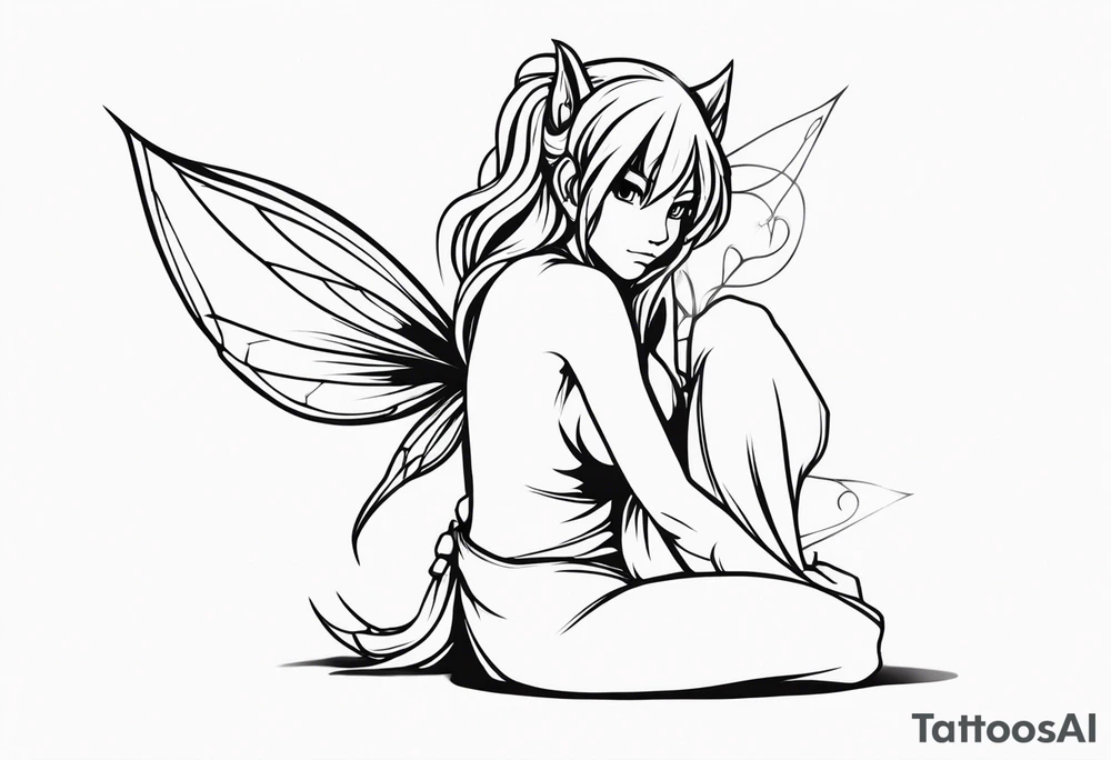 No background and no color sketch of a fairy with a tail inspired by the guild symbol in the anime show called Fairy Tail in a fetal position leaning in and forward while crawled in tattoo idea