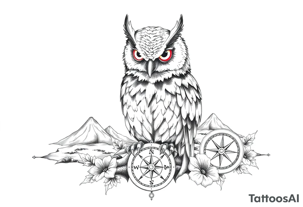 an owl,a compass,landscape. tattoo idea