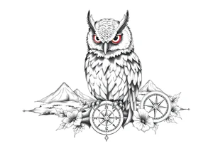 an owl,a compass,landscape. tattoo idea