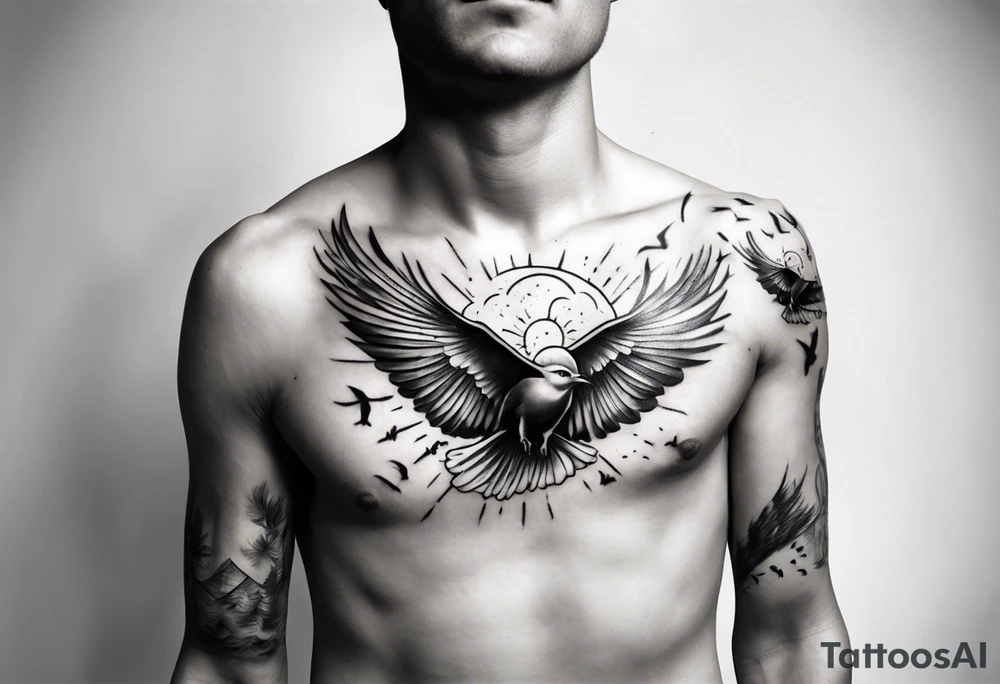 a shoulder tattoo with rays of light, clouds and birds flying free tattoo idea