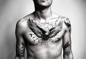 a shoulder tattoo with rays of light, clouds and birds flying free tattoo idea