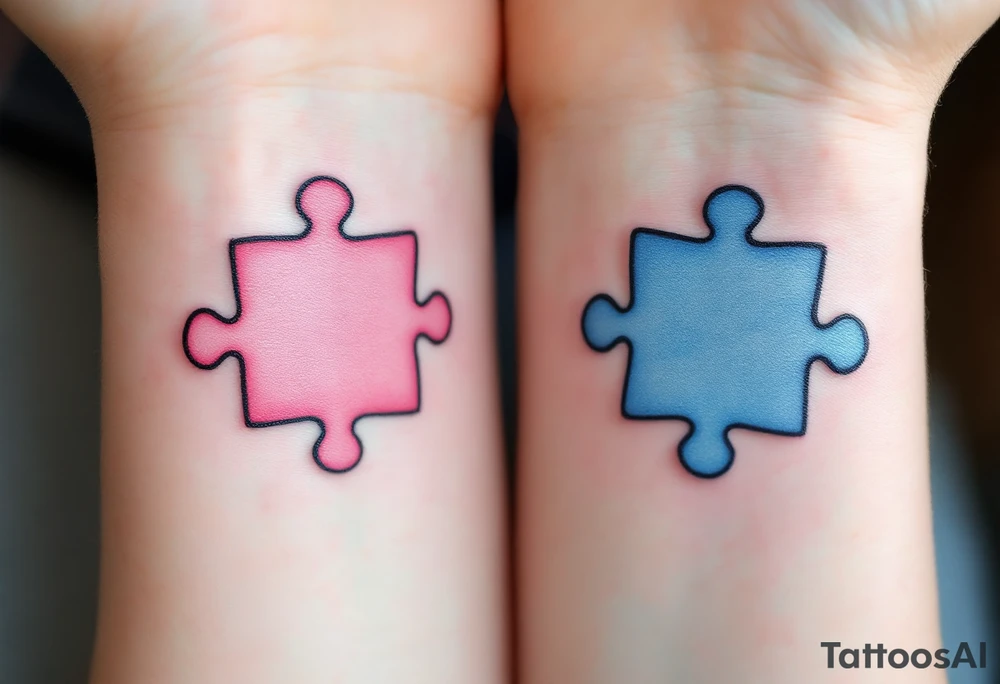 Interlocking puzzle pieces in soft pink and muted blue on the inner wrists symbolize how perfectly you fit together. tattoo idea