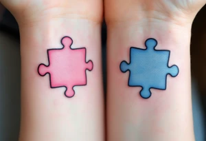 Interlocking puzzle pieces in soft pink and muted blue on the inner wrists symbolize how perfectly you fit together. tattoo idea