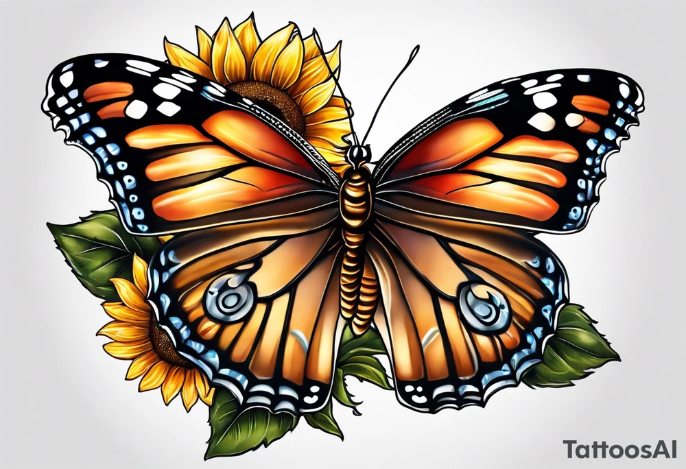 Butterfly sitting on a sunflower in owls body tattoo idea