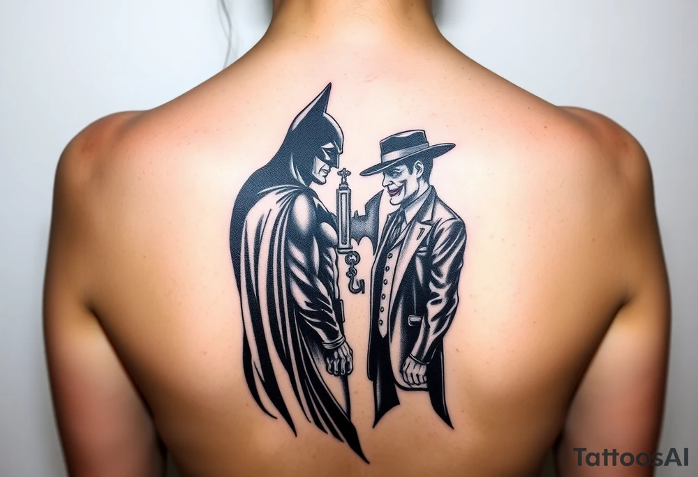 Batman facing off with the joker in Gotham city with bat signal shinning tattoo idea