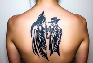 Batman facing off with the joker in Gotham city with bat signal shinning tattoo idea