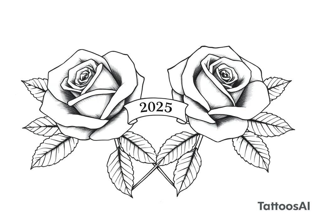 two beautiful rose buds, side by side, with many leaves and stems intertwined, representing two people in love. Include a small banner connecting the roses with "2025" on it.  The word "Rose" written in Kanji above the drawing.  Dark outlines tattoo idea