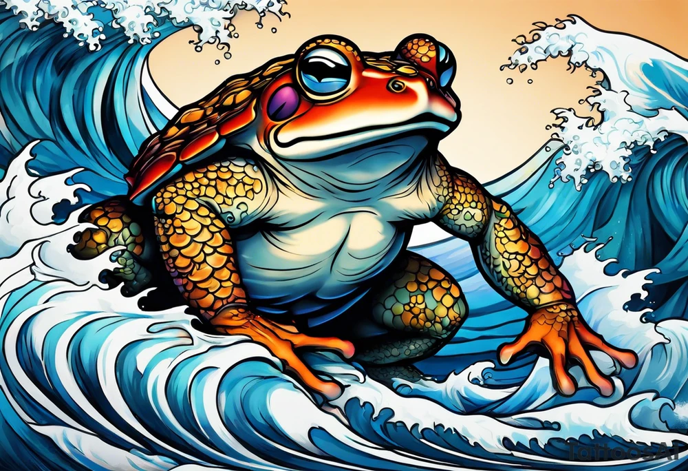 toad with katanas against the background of waves tattoo idea