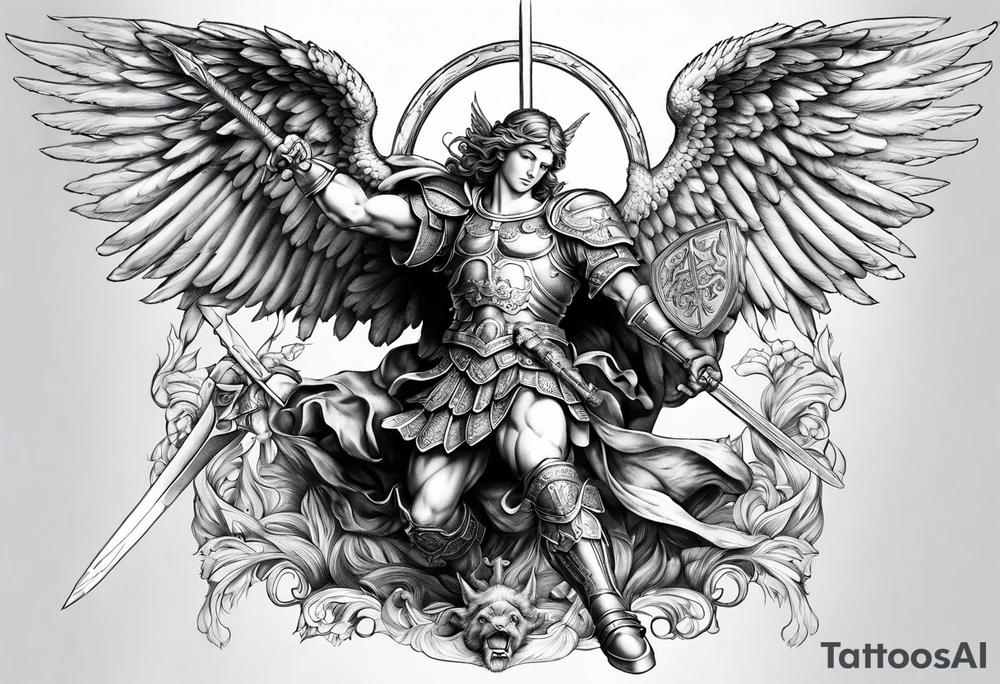 St.Michael angel with solid armor, holding a sword while killing the devil laid down on the ground tattoo idea