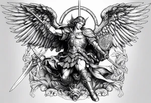 St.Michael angel with solid armor, holding a sword while killing the devil laid down on the ground tattoo idea