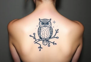 wise owl perched on ancient oak branch under starlit sky tattoo idea