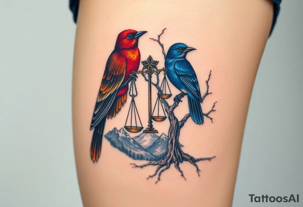 2 birds as the focus, one of the birds red wearing a suit, other bird navy blue with glasses or holding a book, scales of justice built into a tree, starry night painting and mountain background tattoo idea