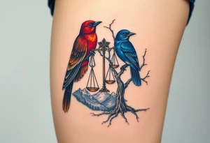 2 birds as the focus, one of the birds red wearing a suit, other bird navy blue with glasses or holding a book, scales of justice built into a tree, starry night painting and mountain background tattoo idea