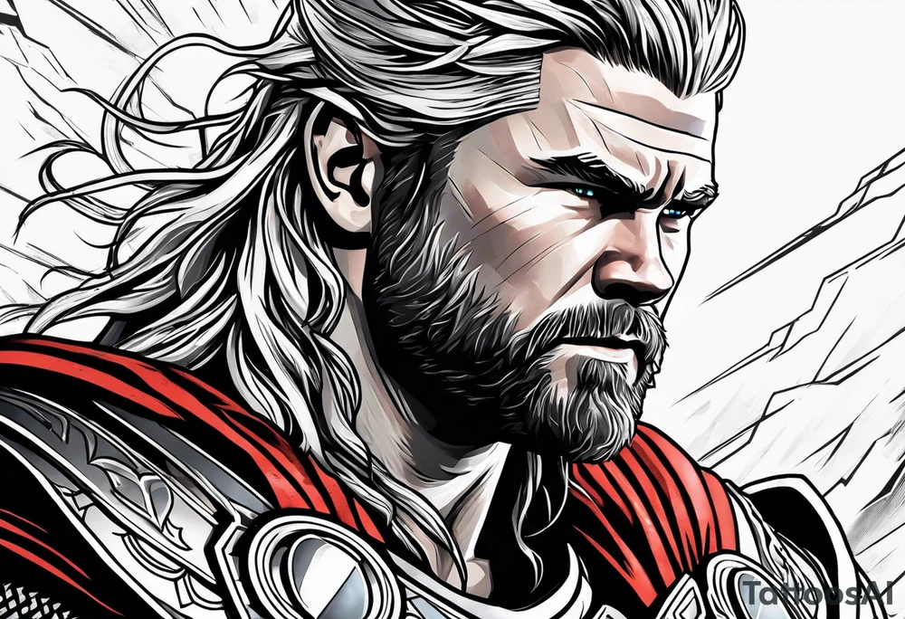 The Mighty Thor that looks like the Chris Hemsworth version with lightning in the background tattoo idea