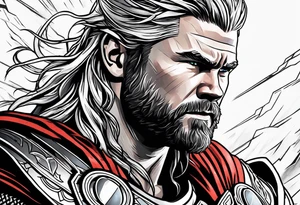 The Mighty Thor that looks like the Chris Hemsworth version with lightning in the background tattoo idea