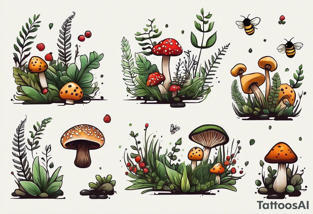 minimalistic forest floor inspired tattoo, which includes grass, moss, curly ferns and dead leaves as the bulk of the tattoo. details to include: forest berries, couple of very small brown mushrooms, a tiny bumblebee flying nearby tattoo idea