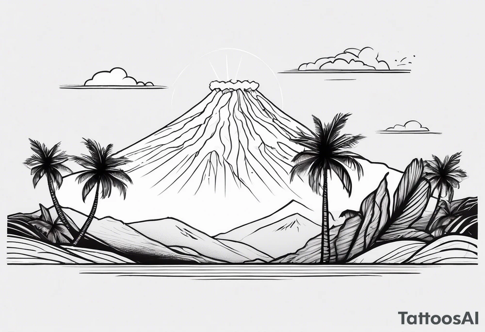 Fine line style. Thin and tall palmtree with a minimalist volcano in the back tattoo idea