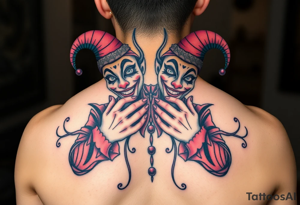 a toxic jester coupple standing behind each other holding cheeks up to smile tattoo idea