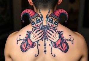 a toxic jester coupple standing behind each other holding cheeks up to smile tattoo idea