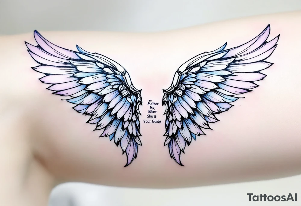 A pair of angel wings in light blue and lavender with “My Mother, She Is My Guide” between them. tattoo idea