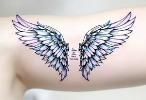 A pair of angel wings in light blue and lavender with “My Mother, She Is My Guide” between them. tattoo idea