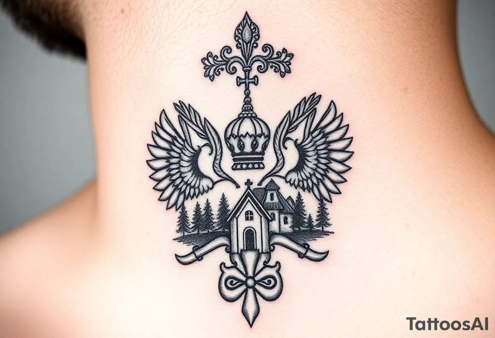 Traditional authentic Russian coat of arms with a Christian orthodox virgin marry in the middle and silhouette in a Russian wilderness Christian orthodoxy dome church village setting tattoo idea