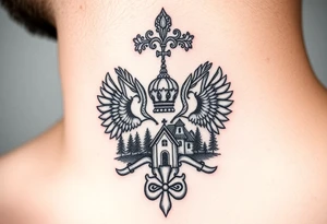 Traditional authentic Russian coat of arms with a Christian orthodox virgin marry in the middle and silhouette in a Russian wilderness Christian orthodoxy dome church village setting tattoo idea