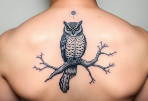 wise owl perched on ancient oak branch under starlit sky tattoo idea